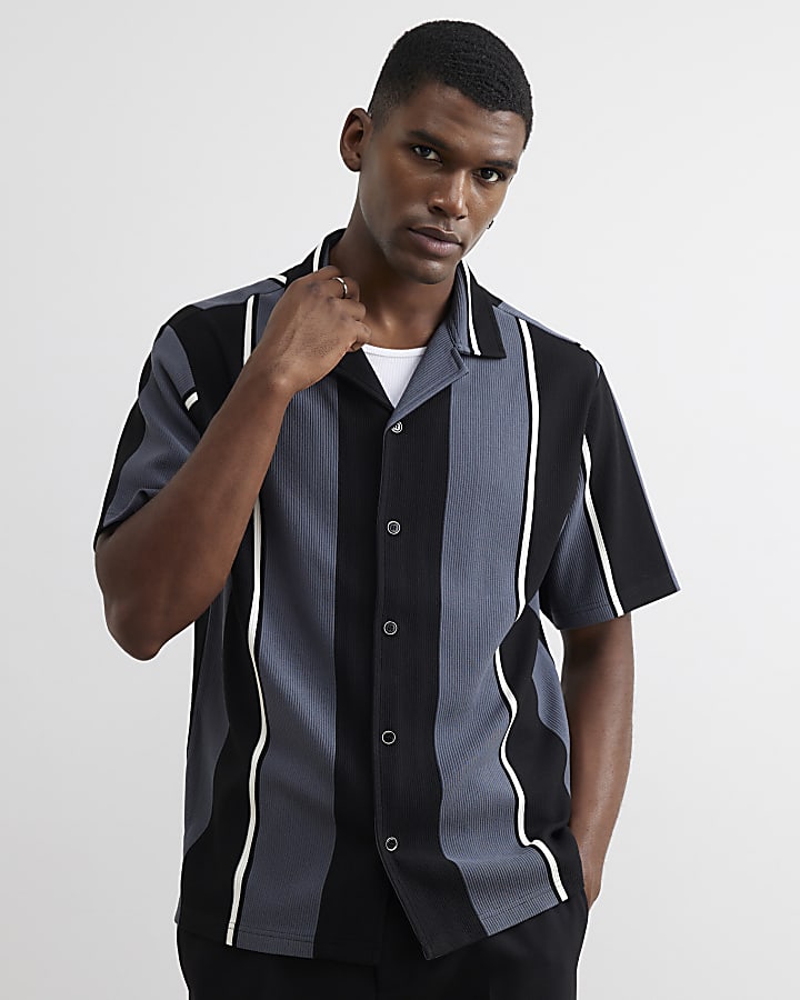 Grey Regular Fit Textured Stripe Revere Shirt