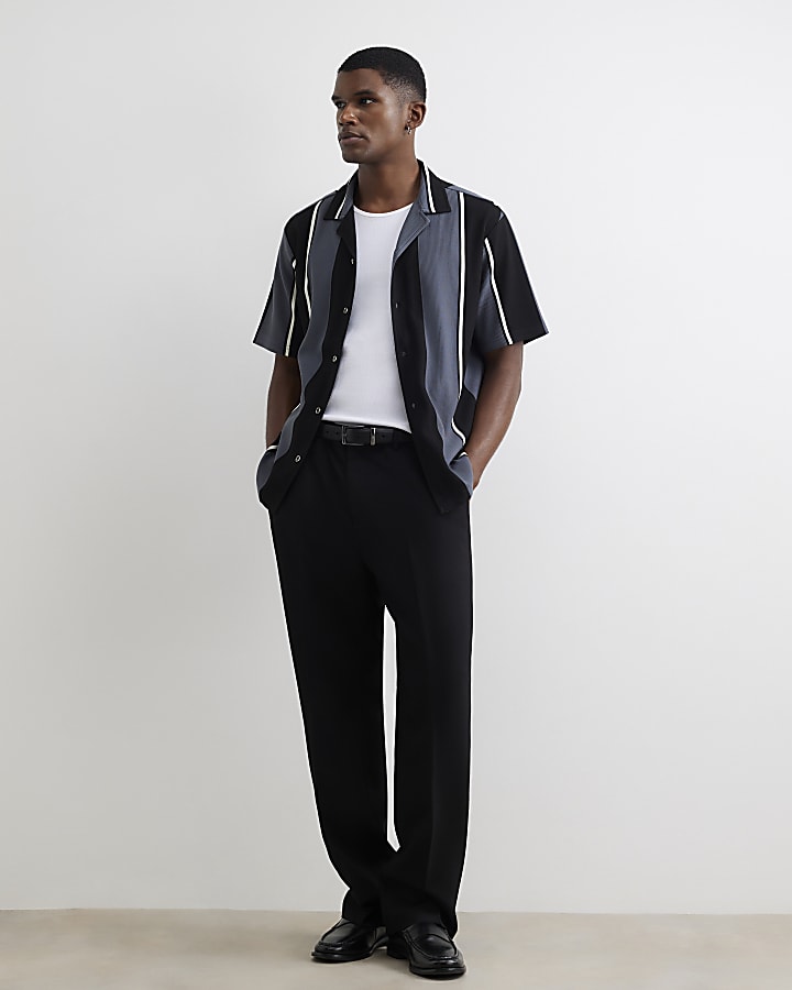 Grey Regular Fit Textured Stripe Revere Shirt