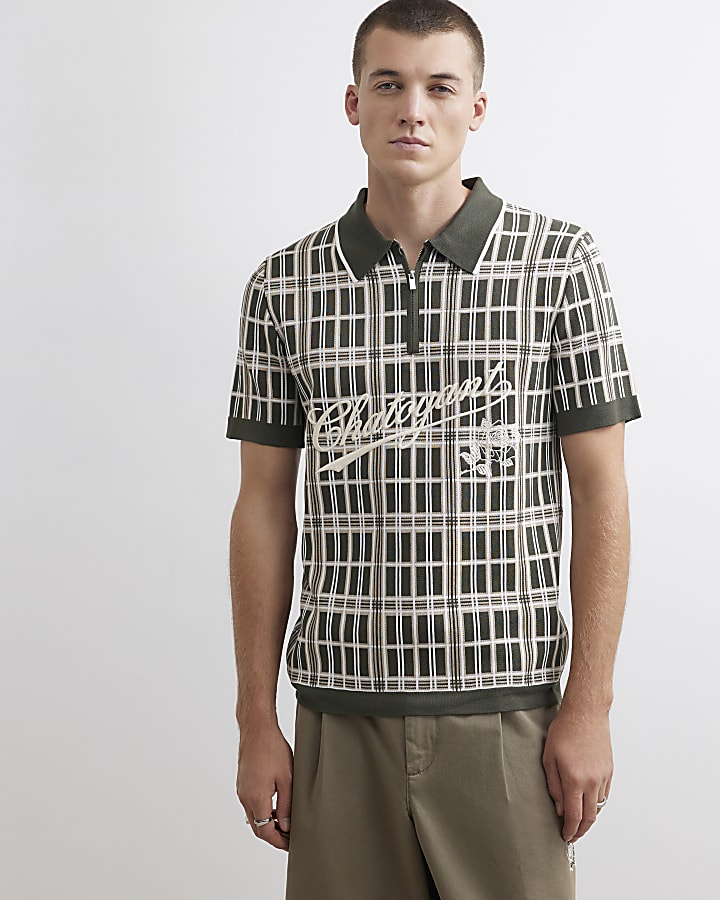 Green Check Knit Chatoyant Polo Shirt