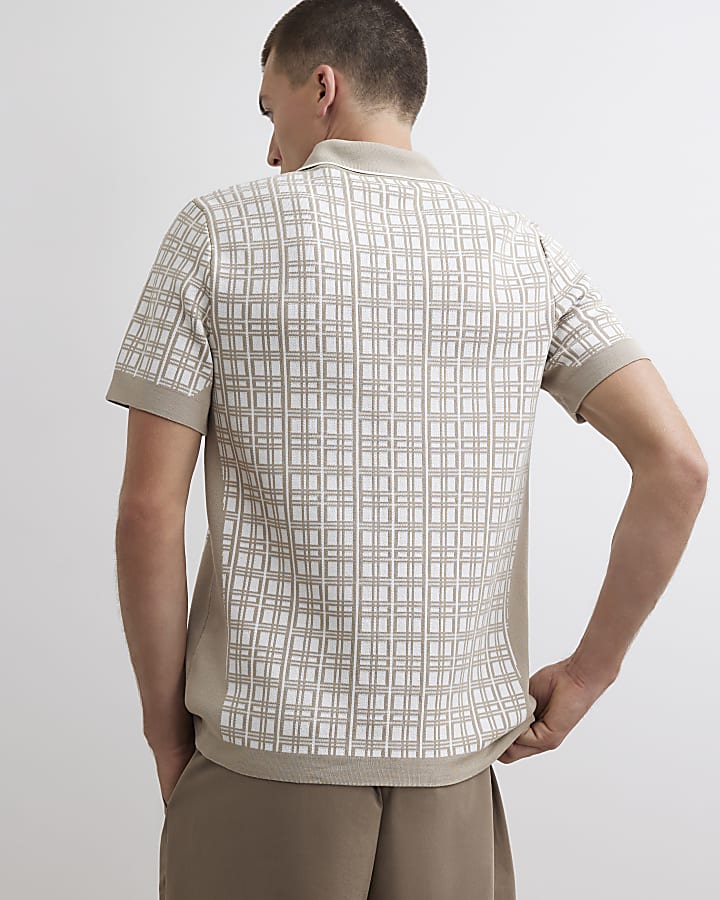 Beige Slim Fit Check Knit Blocked Polo Shirt