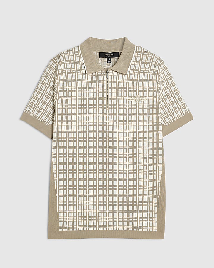 Beige Slim Fit Check Knit Blocked Polo Shirt