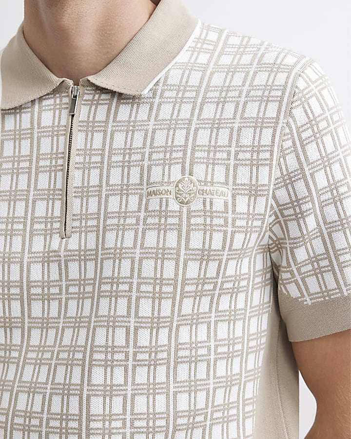 Beige Slim Fit Check Knit Blocked Polo Shirt