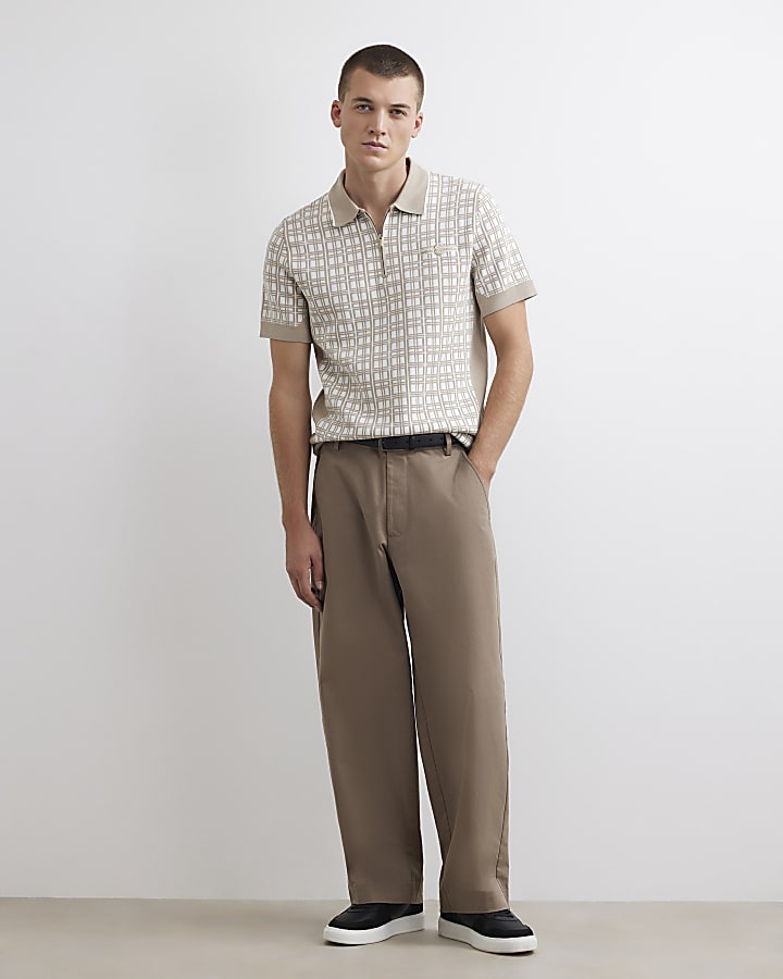 Beige Slim Fit Check Knit Blocked Polo Shirt