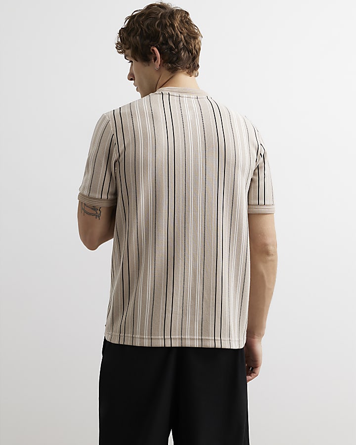 Beige Slim Fit Cotton Stripe Ottoman T-Shirt