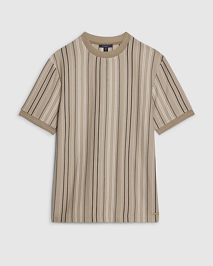 Beige Slim Fit Cotton Stripe Ottoman T-Shirt