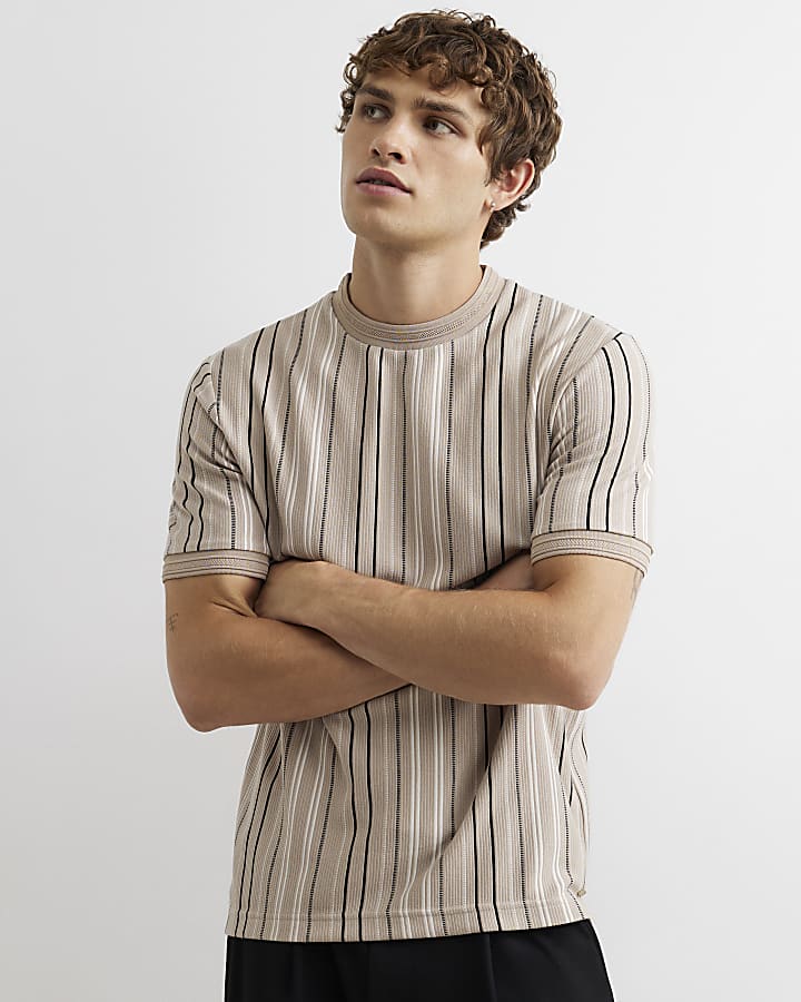 Beige Slim Fit Cotton Stripe Ottoman T-Shirt