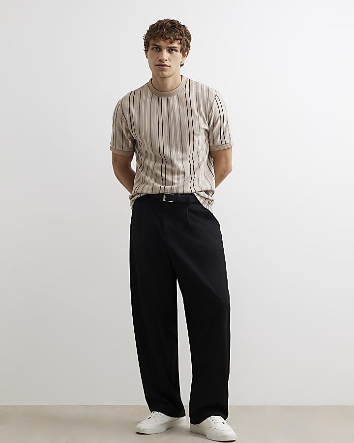 Beige Slim Fit Cotton Stripe Ottoman T-Shirt