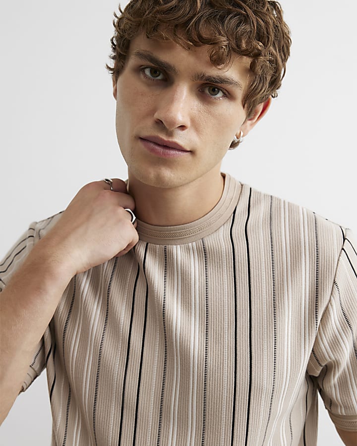 Beige Slim Fit Cotton Stripe Ottoman T-Shirt