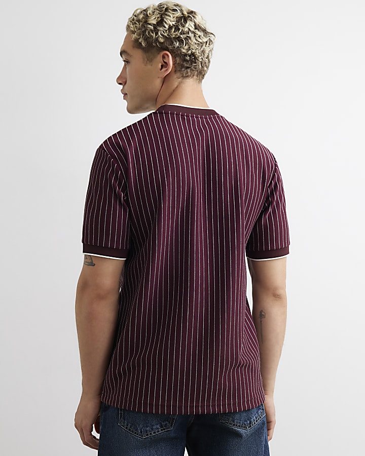 Burgundy Cotton Pinstripe Crest T-Shirt