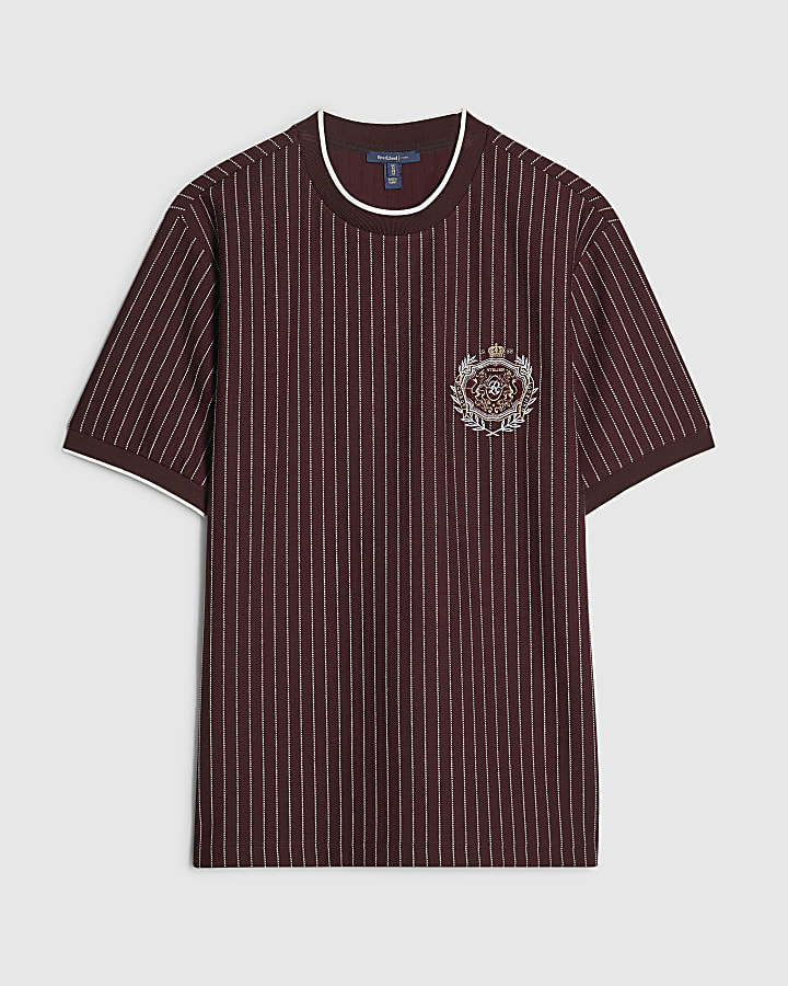 Burgundy Cotton Pinstripe Crest T-Shirt