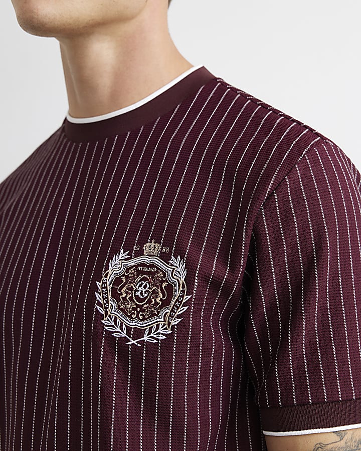 Burgundy Cotton Pinstripe Crest T-Shirt