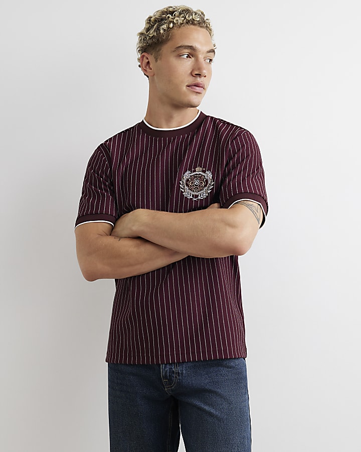 Burgundy Cotton Pinstripe Crest T-Shirt