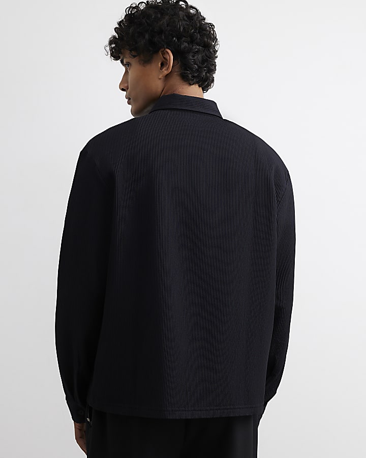 Black Boxy Fit Long Sleeve Plisse Shirt