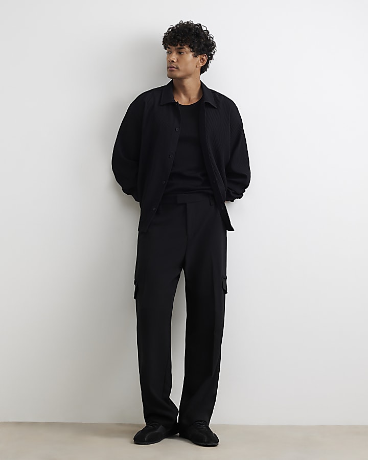 Black Boxy Fit Long Sleeve Plisse Shirt
