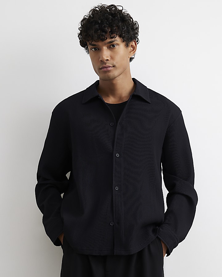 Black Boxy Fit Long Sleeve Plisse Shirt