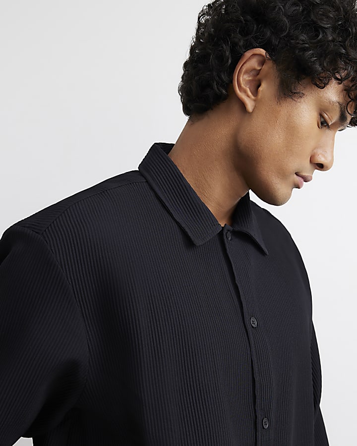 Black Boxy Fit Long Sleeve Plisse Shirt