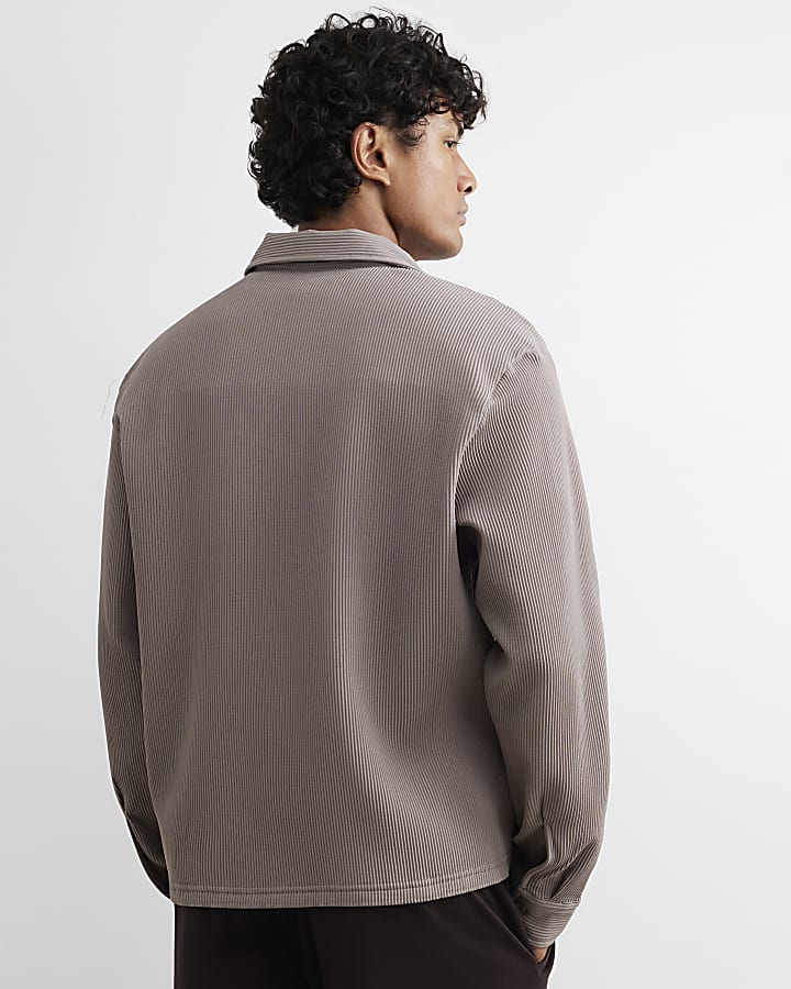 Beige Boxy Fit Long Sleeve Plisse Shirt