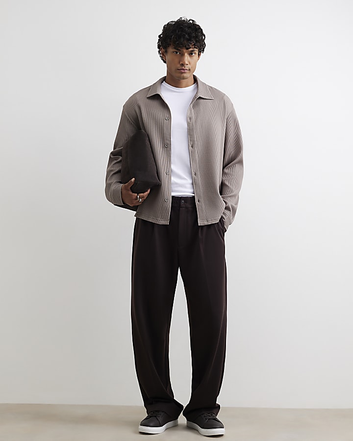 Beige Boxy Fit Long Sleeve Plisse Shirt