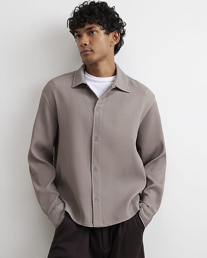 Beige Boxy Fit Long Sleeve Plisse Shirt