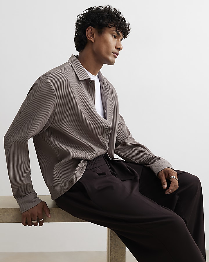 Beige Boxy Fit Long Sleeve Plisse Shirt