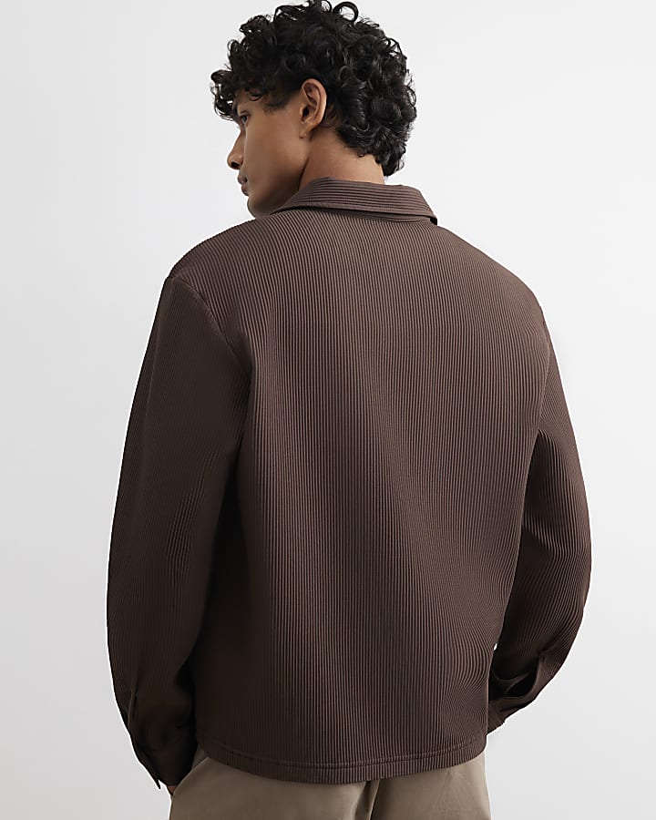 Brown Boxy Fit Long Sleeve Plisse Shirt