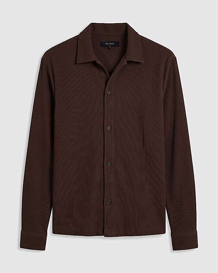 Brown Boxy Fit Long Sleeve Plisse Shirt