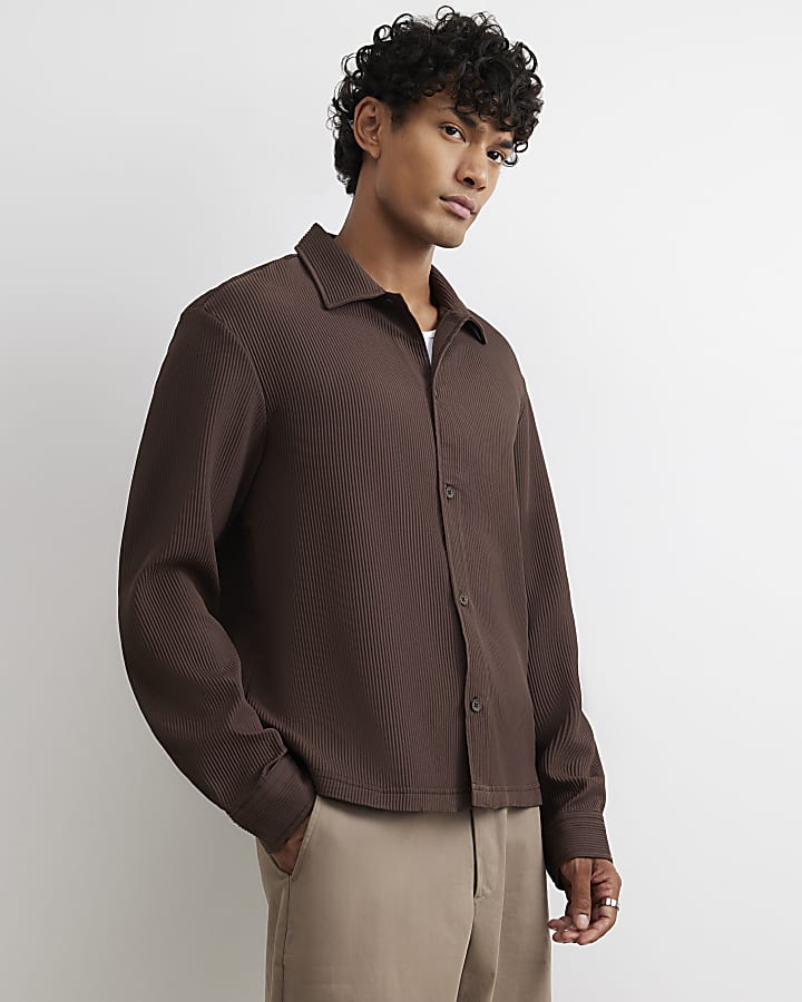 Brown Boxy Fit Long Sleeve Plisse Shirt