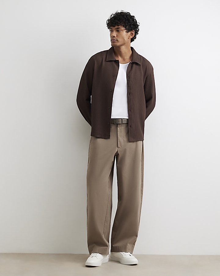 Brown Boxy Fit Long Sleeve Plisse Shirt