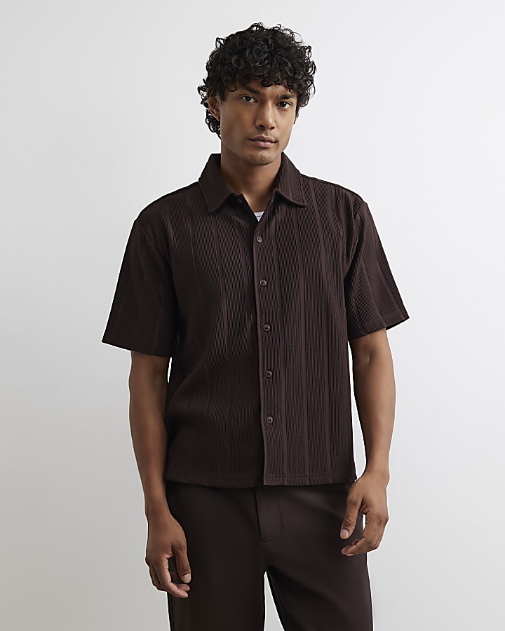 Brown Boxy Fit Plisse Shirt