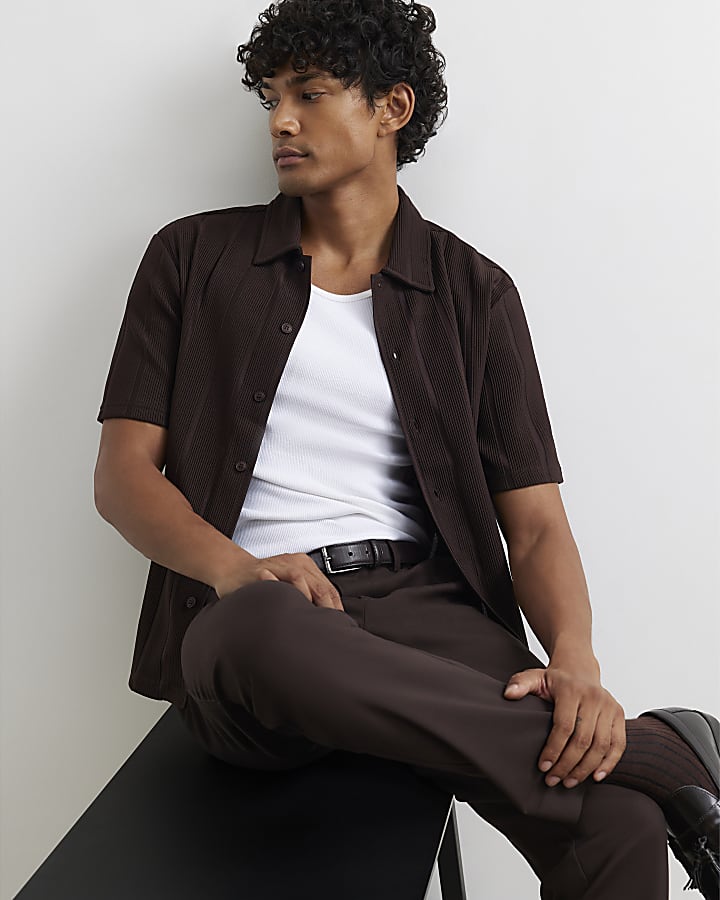 Brown Boxy Fit Plisse Shirt
