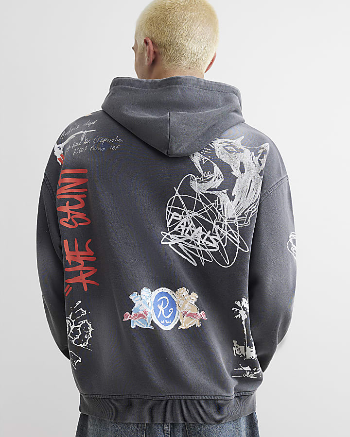 Black Oversized Fit Scribble Hoodie