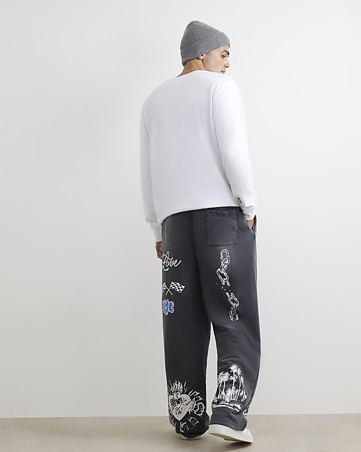 Black Wide Leg Scribble Joggers