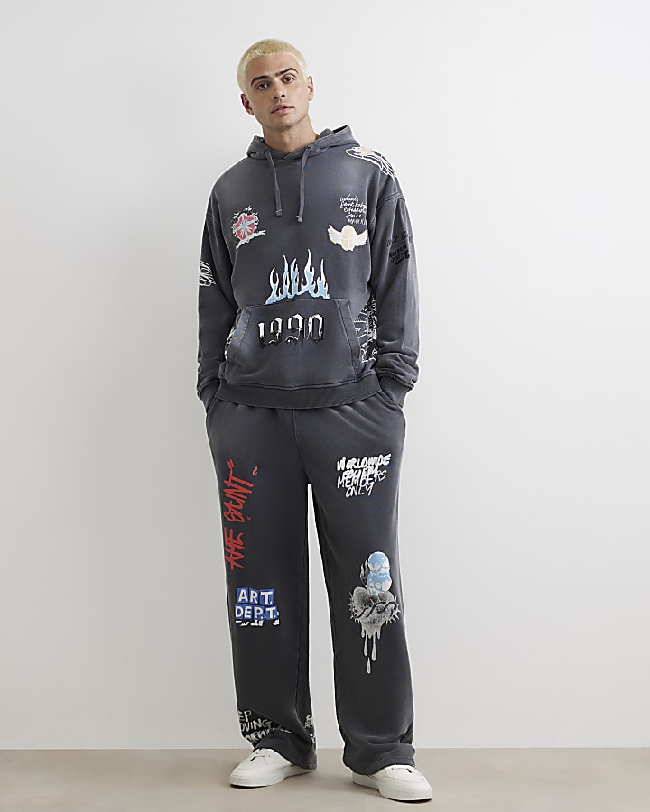 Black Wide Leg Scribble Joggers