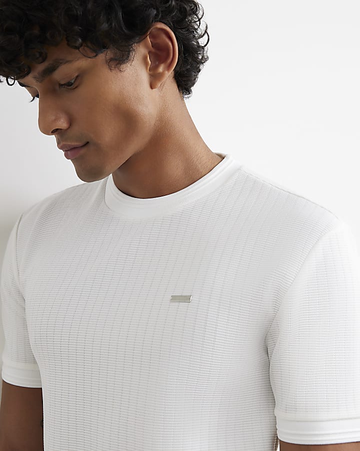 White Muscle Fit Textured T-Shirt