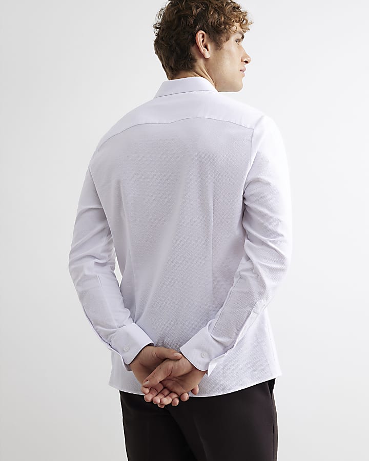 White Muscle Fit Textured Long Sleeve Shirt