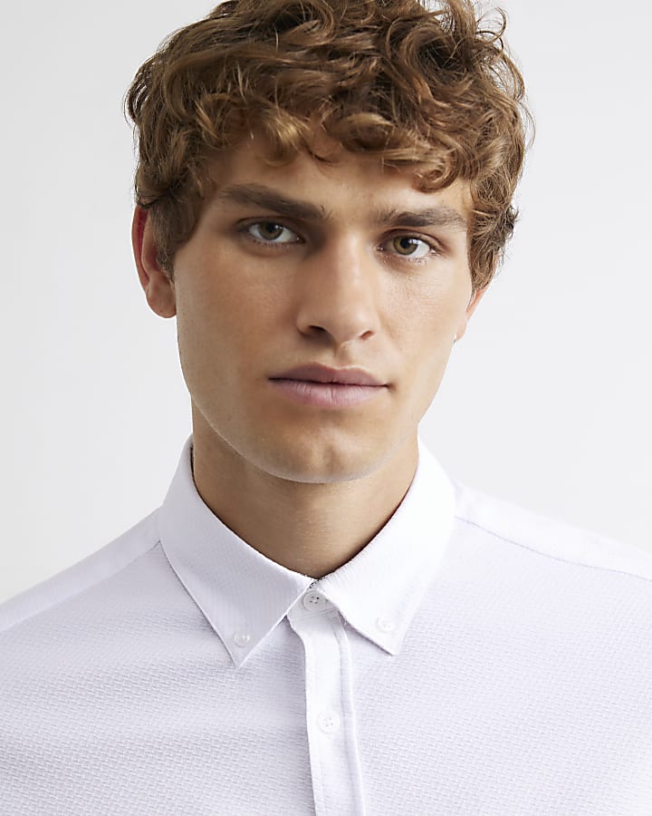 White Muscle Fit Textured Long Sleeve Shirt
