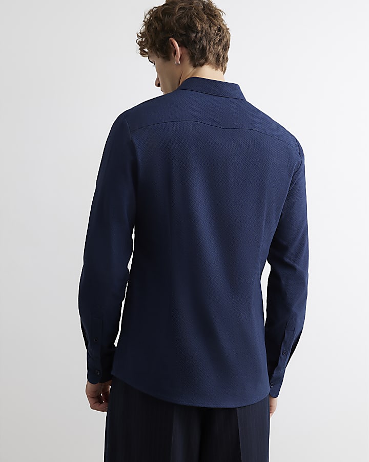 Navy Muscle Fit Textured Long Sleeve Shirt