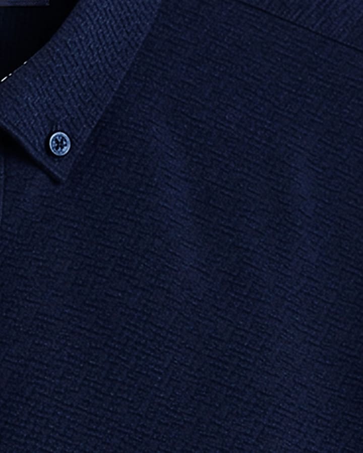 Navy Muscle Fit Textured Long Sleeve Shirt