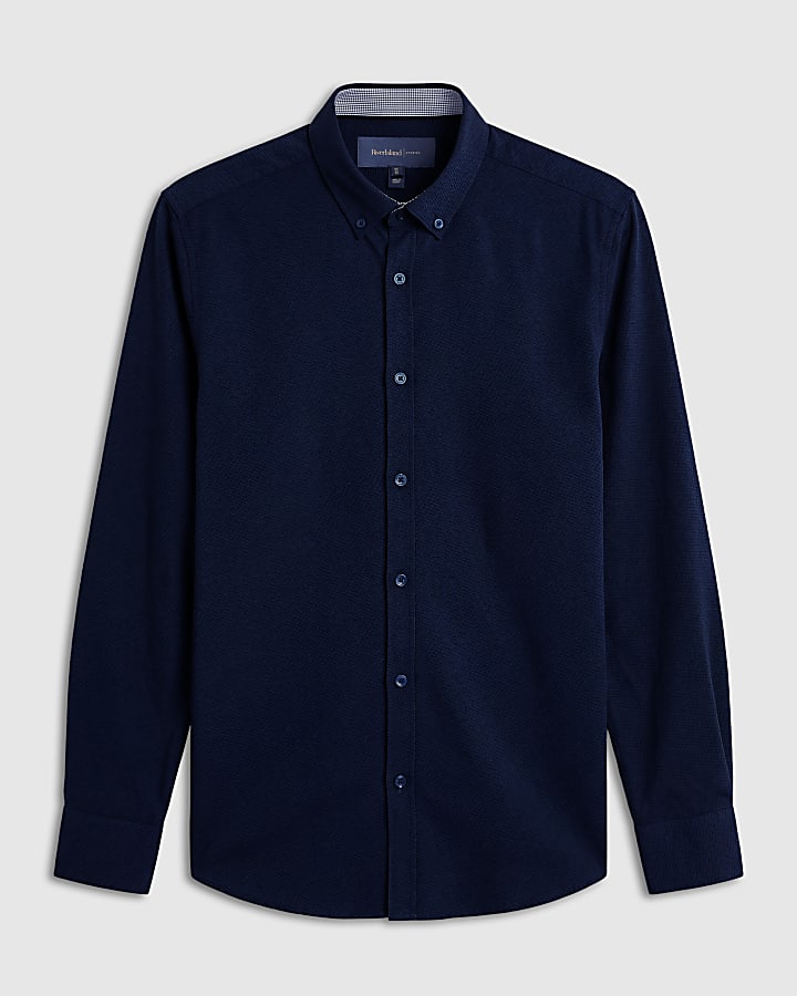 Navy Muscle Fit Textured Long Sleeve Shirt