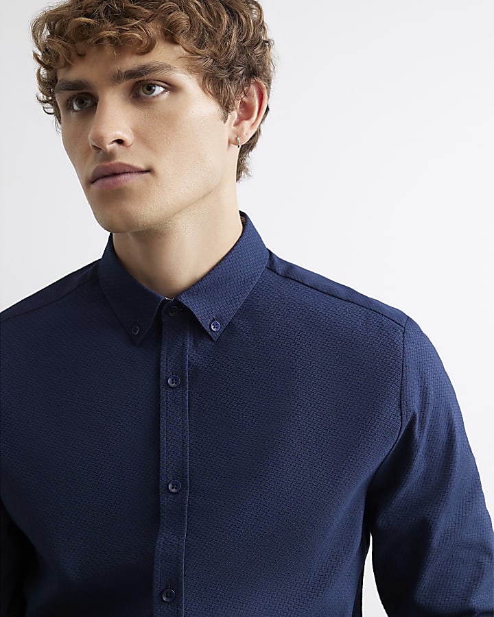 Navy Muscle Fit Textured Long Sleeve Shirt