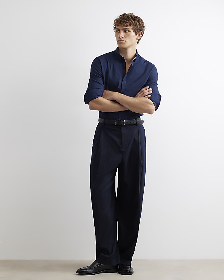 Navy Muscle Fit Textured Long Sleeve Shirt