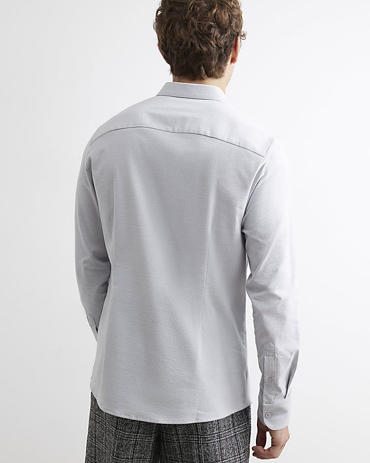 Grey Muscle Fit Textured Long Sleeve Shirt