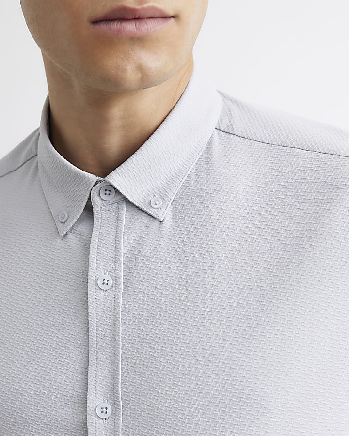 Grey Muscle Fit Textured Long Sleeve Shirt