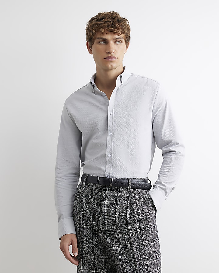 Grey Muscle Fit Textured Long Sleeve Shirt