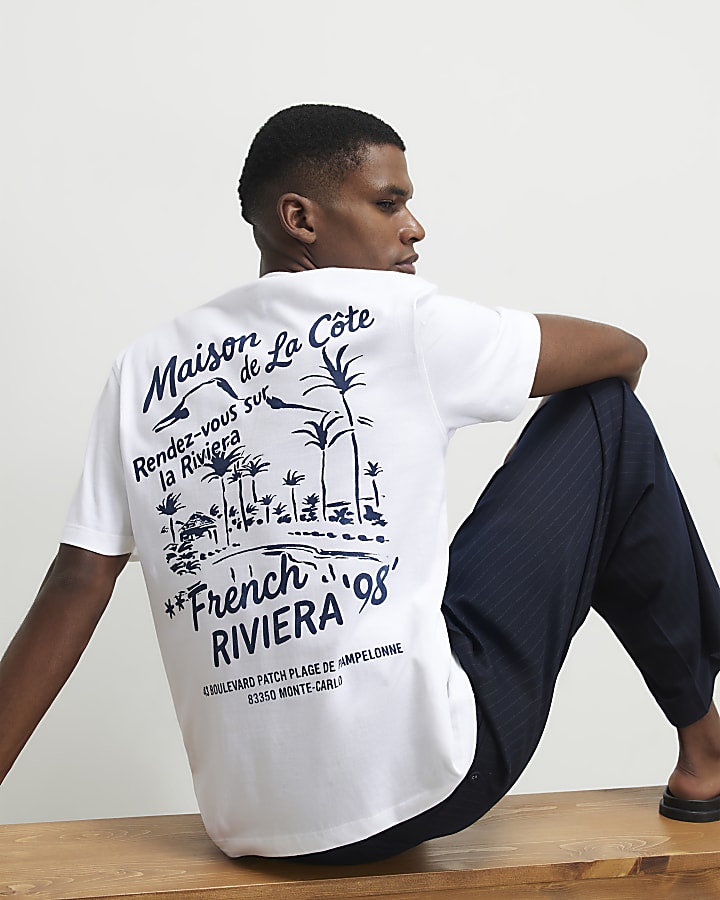 White Regular Fit Palm Tree Sketch T-Shirt