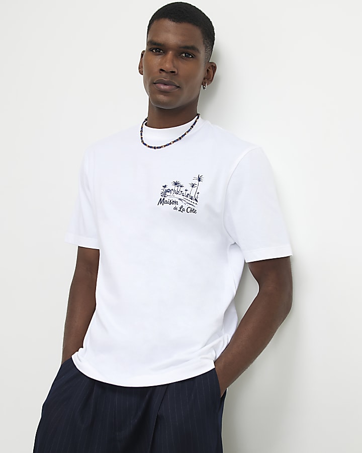 White Regular Fit Palm Tree Sketch T-Shirt
