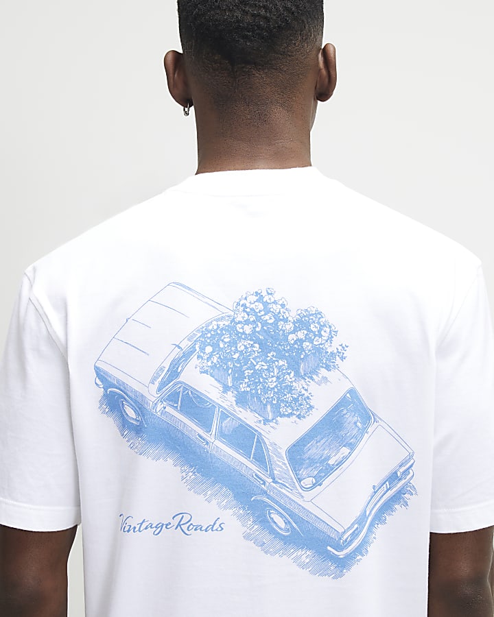 White Regular Fit Cotton Floral Car T-Shirt