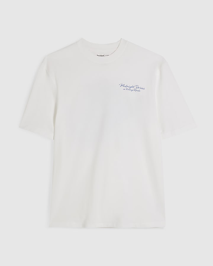 White Regular Fit Cotton Floral Car T-Shirt