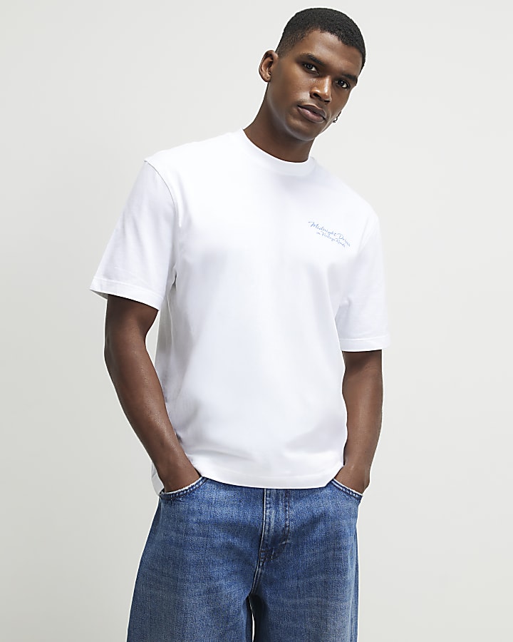 White Regular Fit Cotton Floral Car T-Shirt