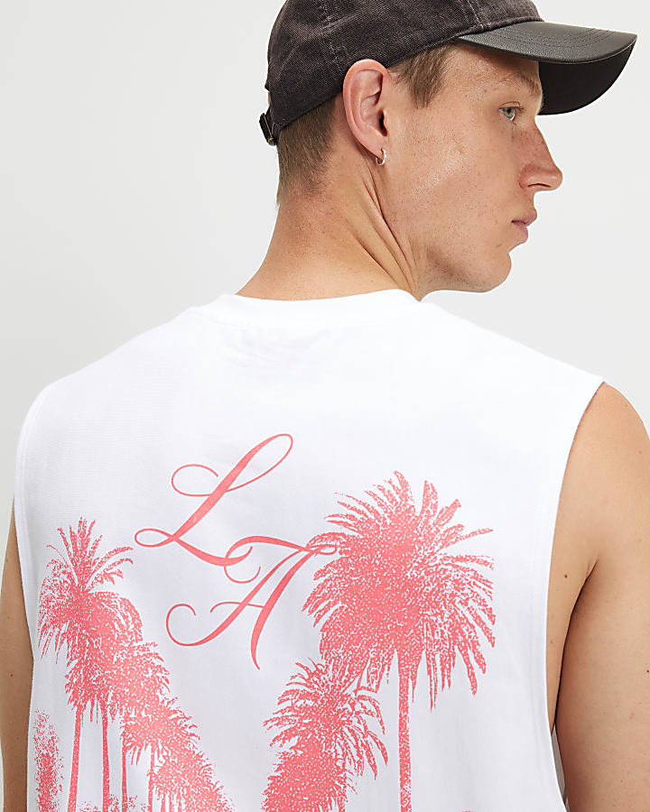 White Regular Fit LA Palm Tree Car Tank Top
